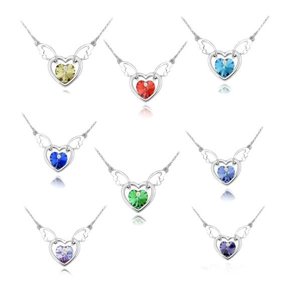 Imitation Red Ruby CZ Cubic Zirconia Gemstone Angel Wings Heart Necklace - Picture 8 of 9